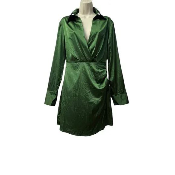 Cider Satin Faux Wrap Mini Dress Short Size‎ S Green L/S V-Neck Ruched Party NWT - Picture 11 of 16